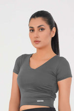 V Neck Cropped T-Shirt - Grey