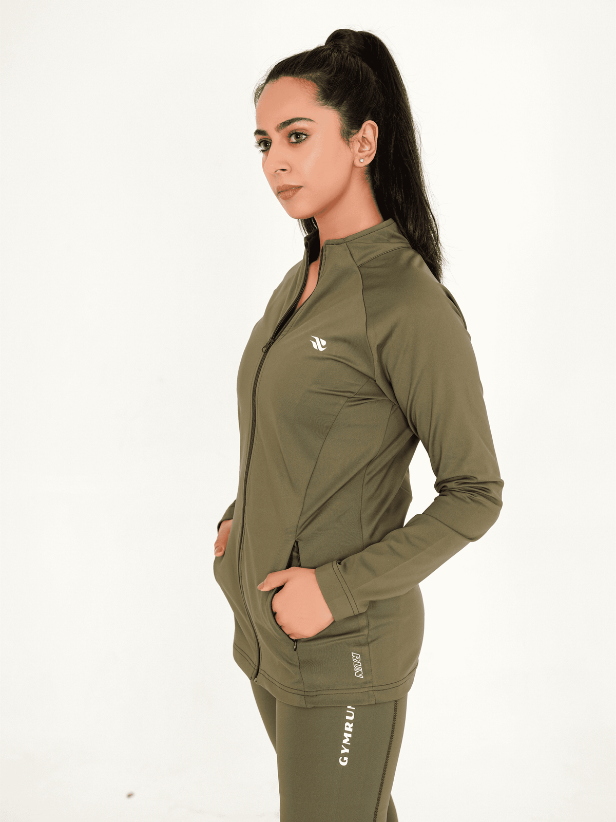 Ladies Compression Zipper - Olive - GYMRUN Activewear