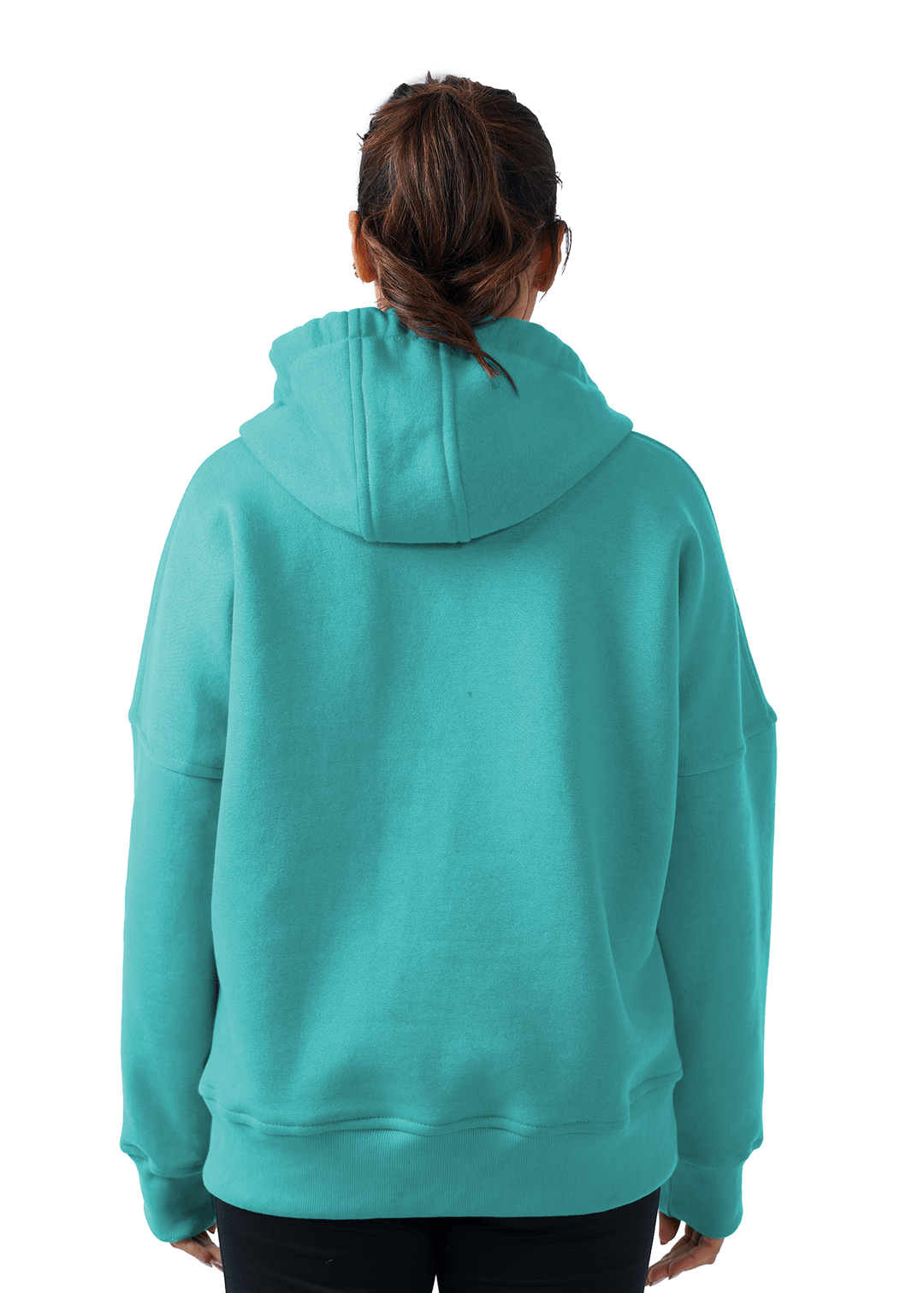 Person wearing a teal hoodie from behind on a white background