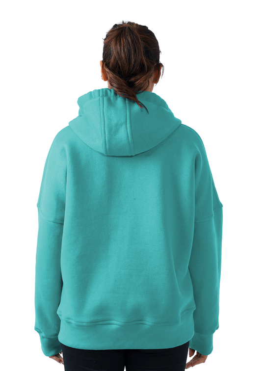 Person wearing a teal hoodie from behind on a white background