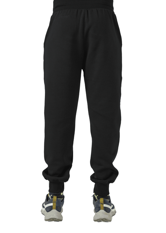 Black sweatpants worn by a person on a white background