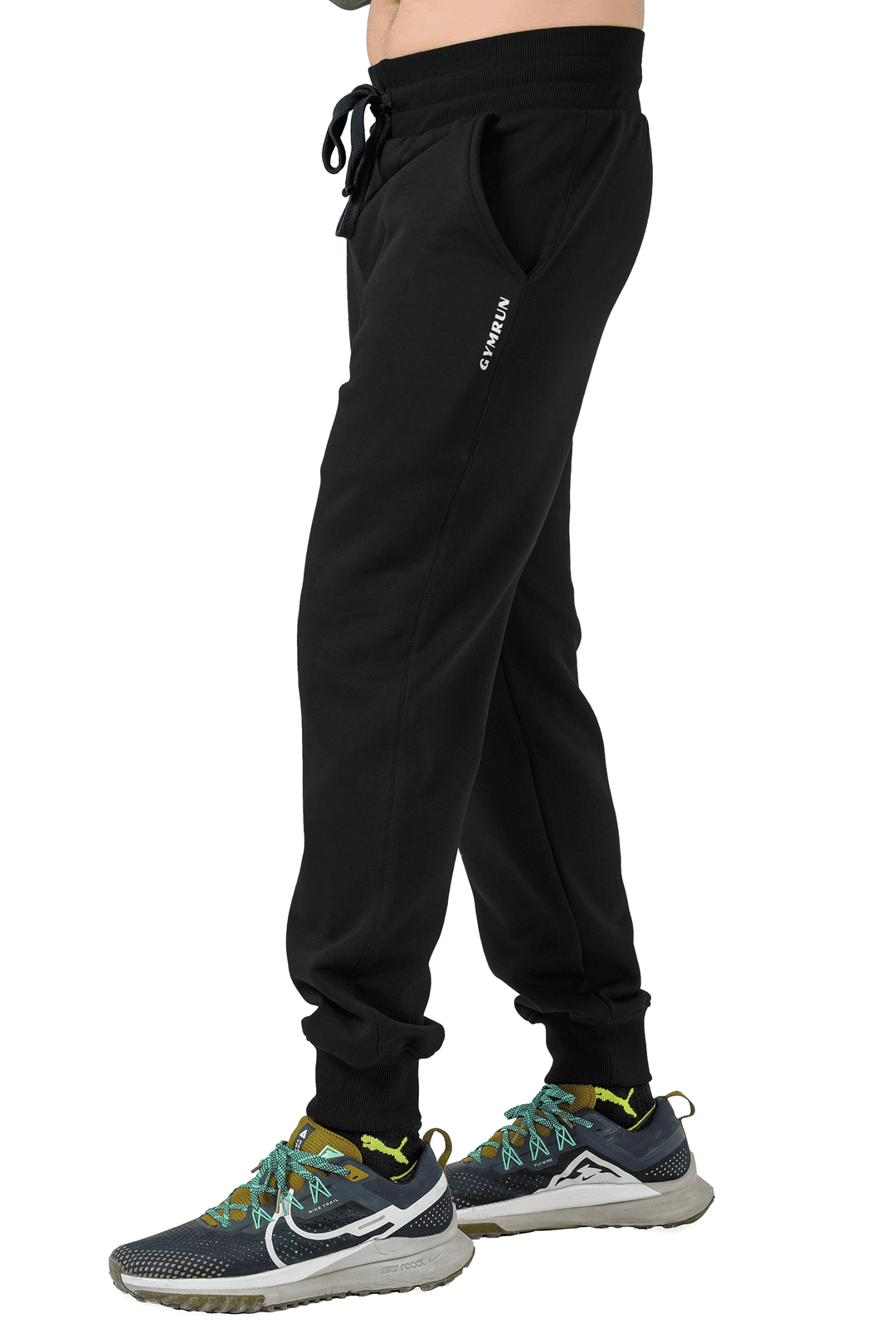 Black jogger pants with a brand logo on a white background