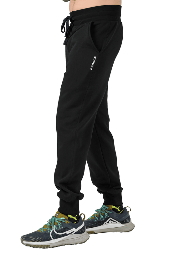 Black jogger pants with a brand logo on a white background