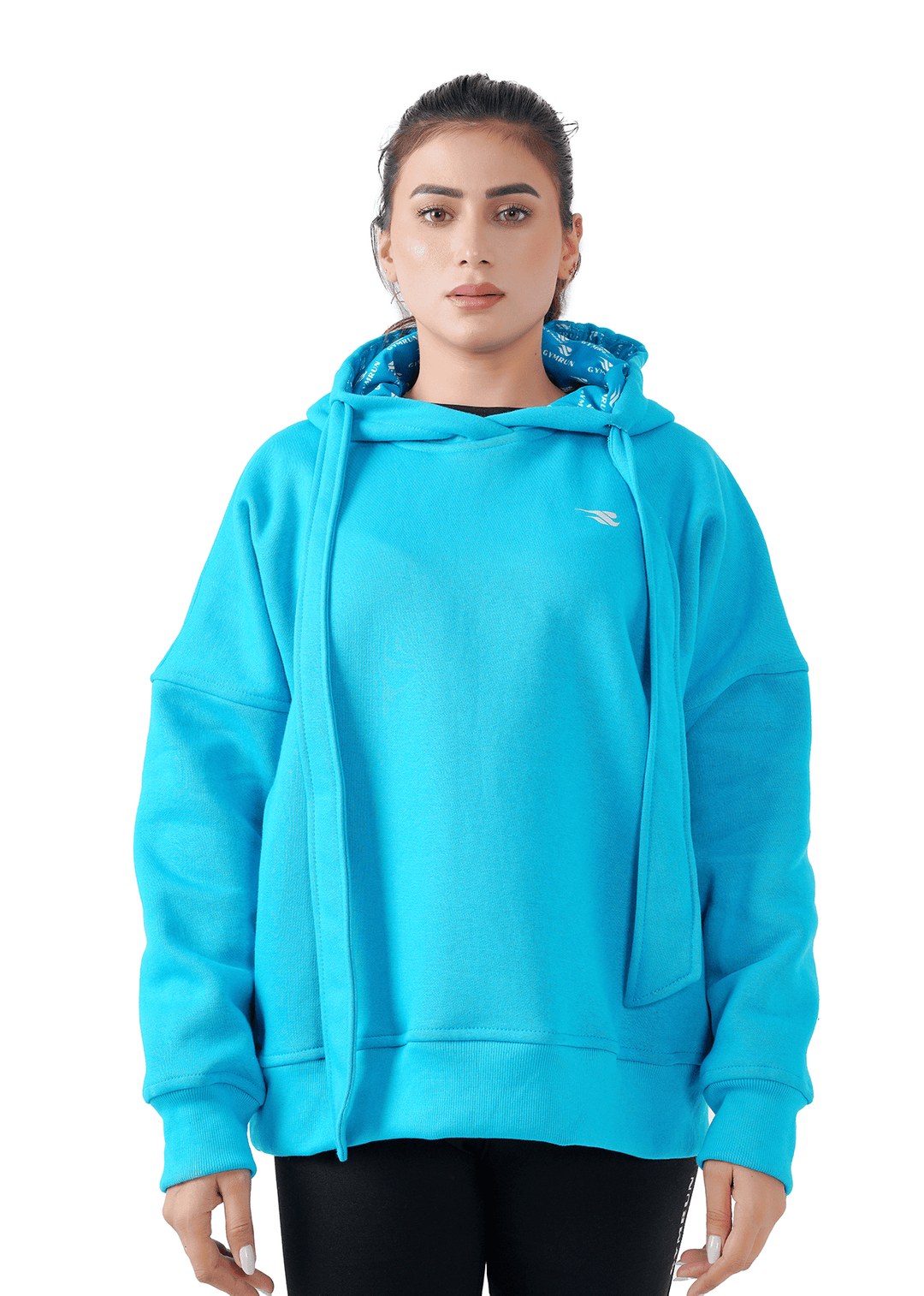 Person wearing a blue hoodie on a white background