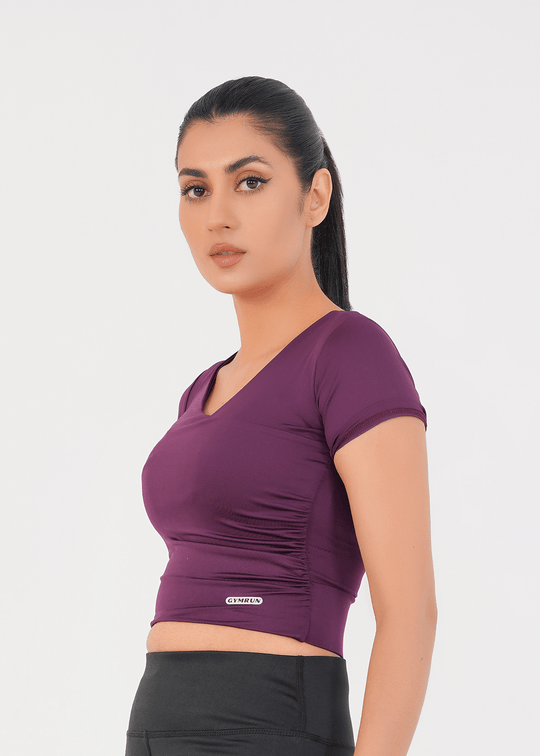 V Neck Cropped T-Shirt - Deep Plum