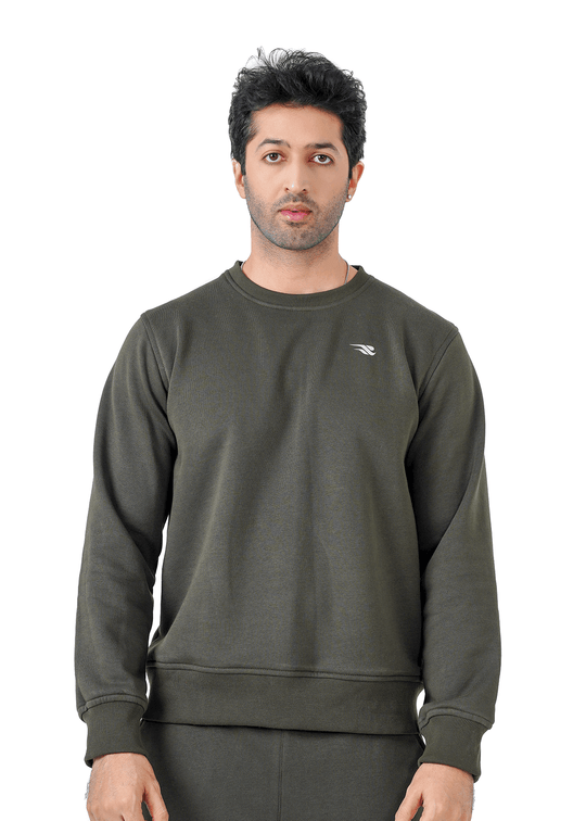 Man wearing a green sweatshirt on a white background