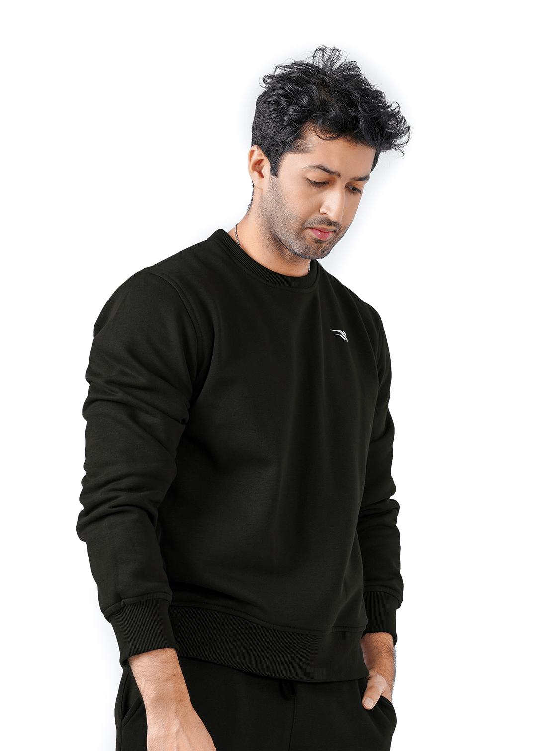 Man wearing a black sweatshirt with a logo on a white background