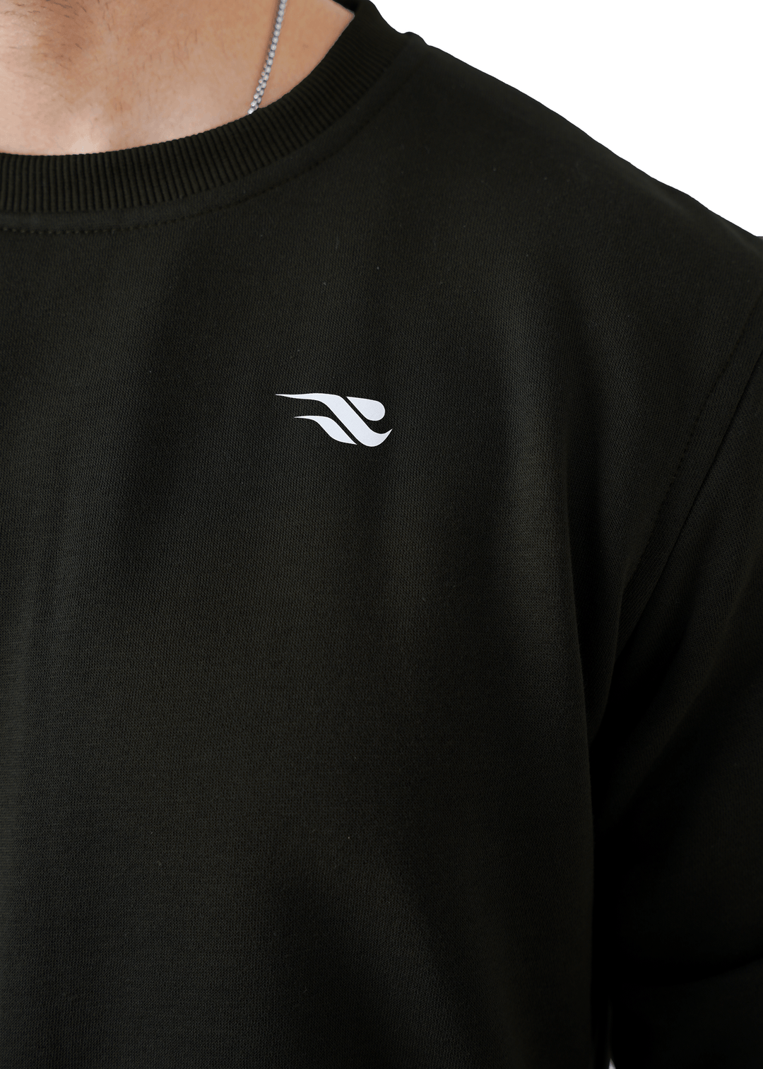 Black sweatshirt with a white logo on a plain background
