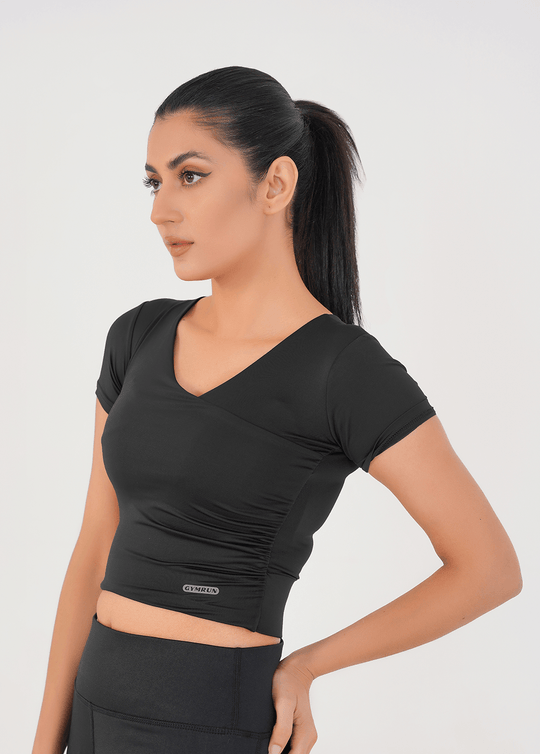V Neck Cropped T-Shirt - Black