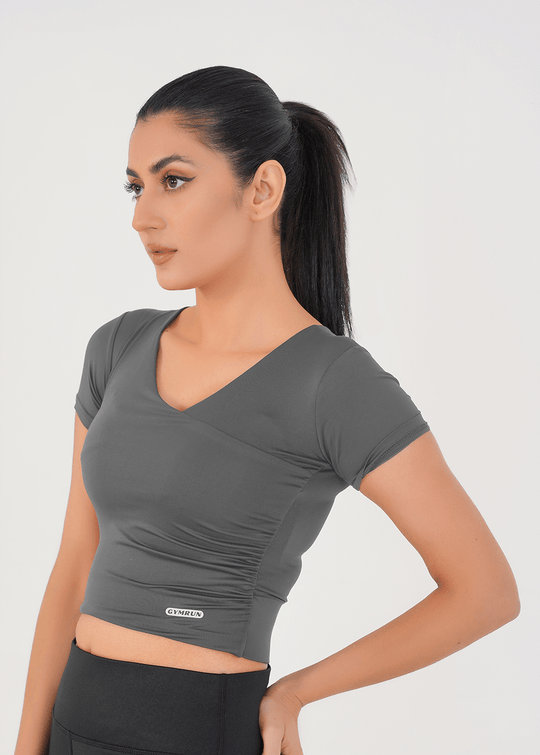 V Neck Cropped T-Shirt - Grey