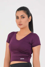 V Neck Cropped T-Shirt - Deep Plum