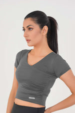V Neck Cropped T-Shirt - Grey